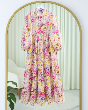 Mixed Floral Printed Half Buttoned Piece Dress  -Yellow