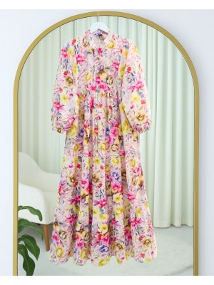 Mixed Floral Printed Half Buttoned Piece Dress  -Yellow