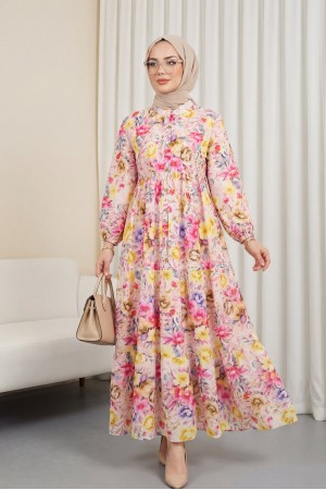 Karışık Çiçek Baskılı Yarım Düğmeli Parçalı Elbise  -Sarı