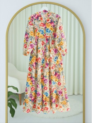 Karışık Çiçek Baskılı Yarım Düğmeli Parçalı Elbise  -Turuncu