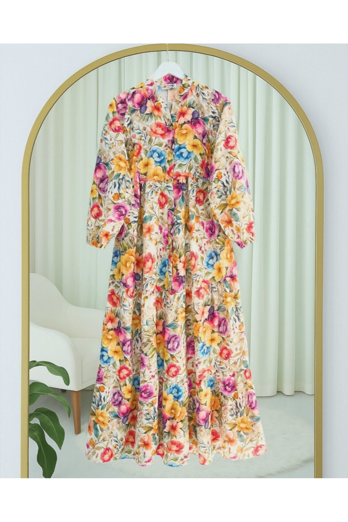 Mixed Floral Printed Half Buttoned Piece Dress  -Orange