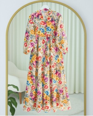 Mixed Floral Printed Half Buttoned Piece Dress  -Orange