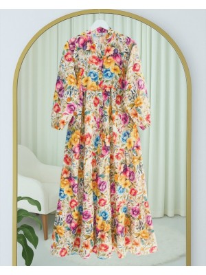 Mixed Floral Printed Half Buttoned Piece Dress  -Orange