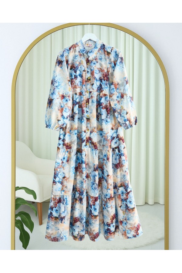 Half-Buttoned Mixed Patterned Elastic Sleeve Dress -Ice Blue