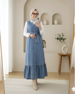 Beli Bağlamalı Önü Düğmeli Cepli Kot Jile   -Buz Mavi