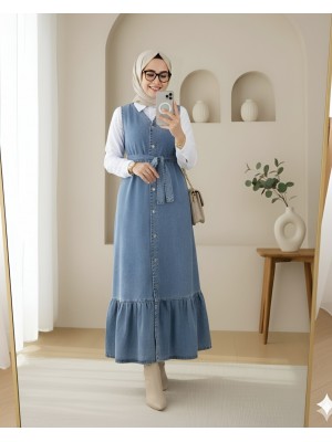 Tied Waist Denim Vest with Buttoned Front and Pockets -Ice Blue