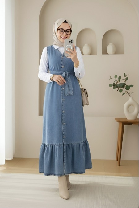 Beli Bağlamalı Önü Düğmeli Cepli Kot Jile   -Buz Mavi