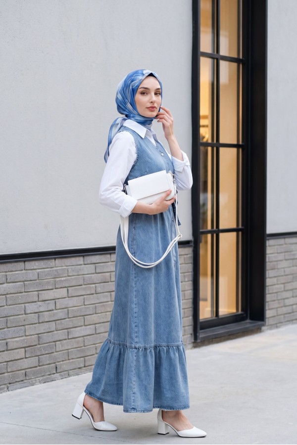 Tied Waist Denim Vest with Buttoned Front and Pockets -Ice Blue