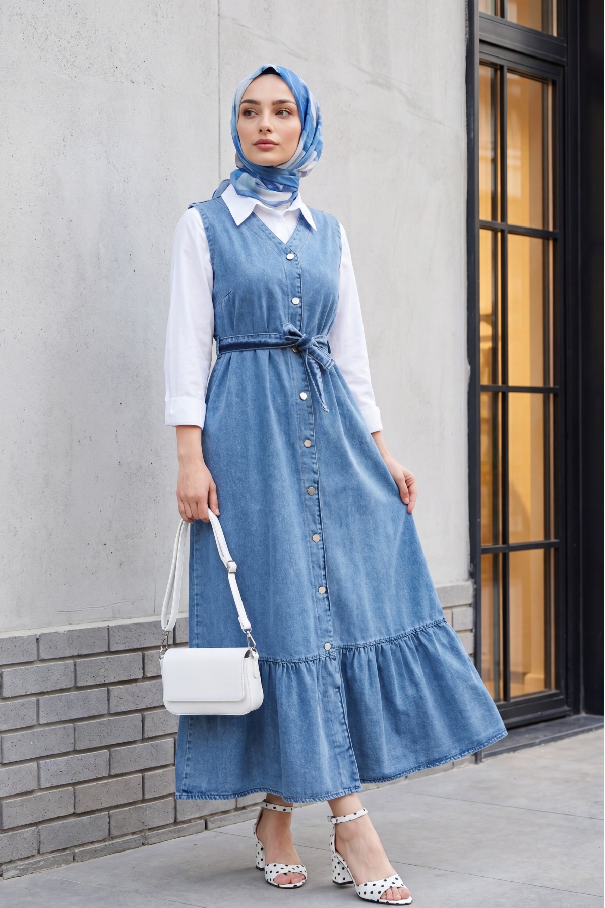 Tied Waist Denim Vest with Buttoned Front and Pockets -Ice Blue