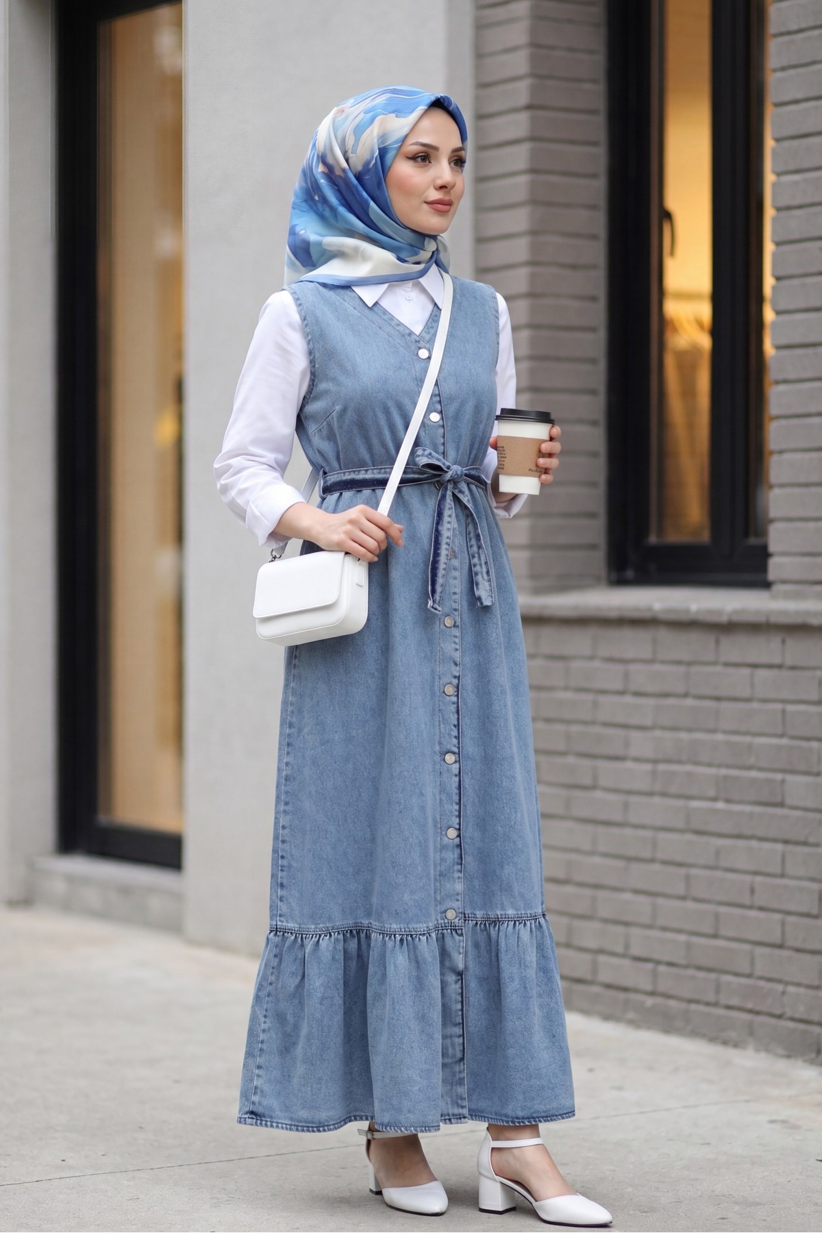 Tied Waist Denim Vest with Buttoned Front and Pockets -Ice Blue