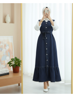 Tied Waist Denim Vest with Buttoned Front and Pockets -Navy blue