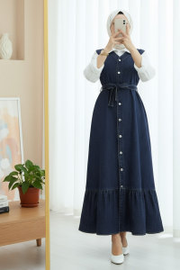 Beli Bağlamalı Önü Düğmeli Cepli Kot Jile   -Laci