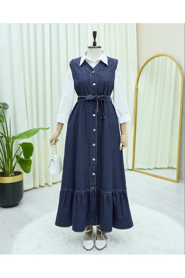 Tied Waist Denim Vest with Buttoned Front and Pockets -Navy blue