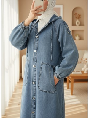 Önü Düğmeli Kapşonlu Apolet Detaylı Cepli Kot Kap -Buz Mavi