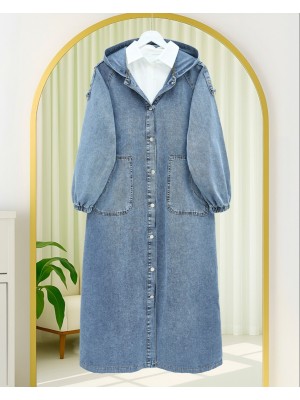 Önü Düğmeli Kapşonlu Apolet Detaylı Cepli Kot Kap -Buz Mavi