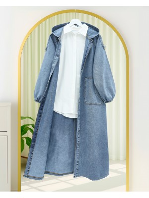 Önü Düğmeli Kapşonlu Apolet Detaylı Cepli Kot Kap -Buz Mavi