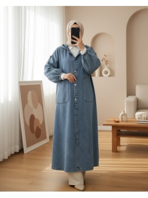 Önü Düğmeli Kapşonlu Apolet Detaylı Cepli Kot Kap -Buz Mavi