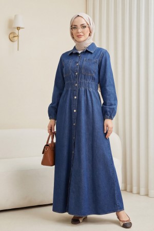 Beli Lastikli Yan Cepli Kot Elbise  -Laci