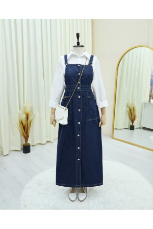 Buttoned Double Pocket Denim Overalls  -Navy blue