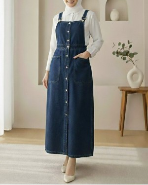 Buttoned Double Pocket Denim Overalls  -Navy blue