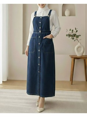 Buttoned Double Pocket Denim Overalls  -Navy blue