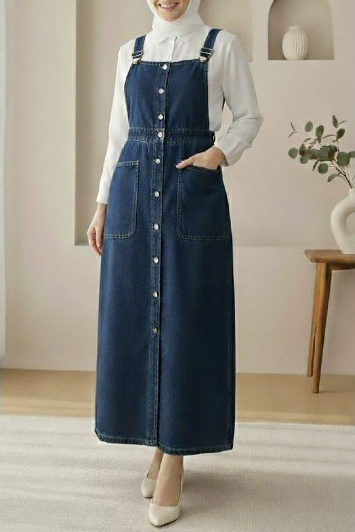 Buttoned Double Pocket Denim Overalls  -Navy blue