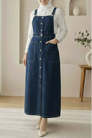 Boydan Düğmeli Çift Cepli Kot Salopet  -Laci