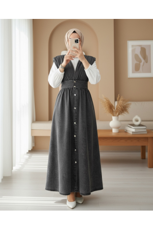 Boydan Düğmeli V Yaka Sıfır Kol Kot Jile  -Füme