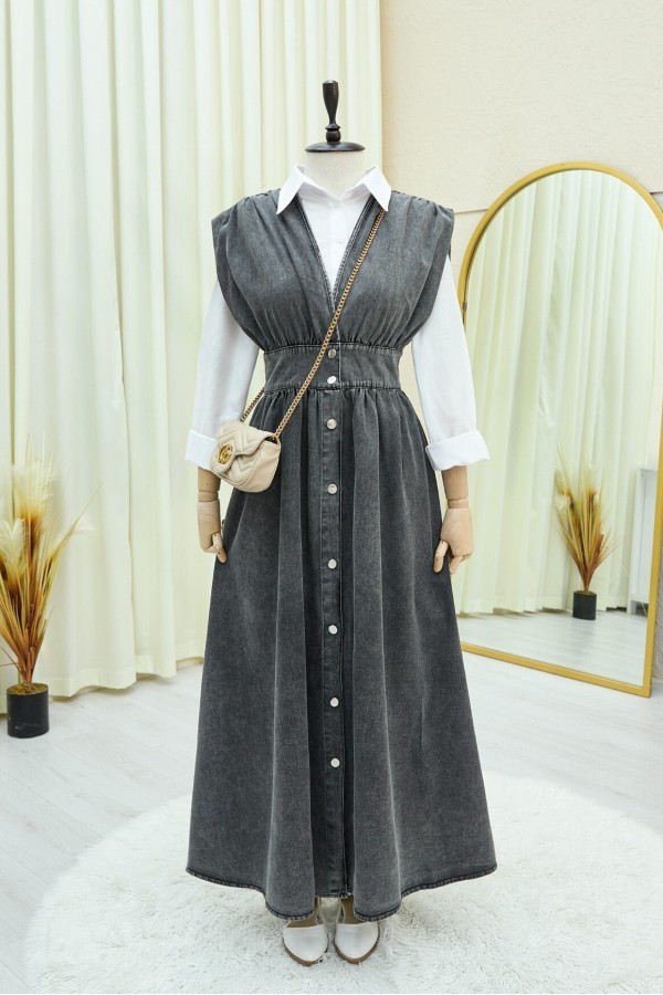 Buttoned V Neck Zero Sleeve Denim Vest  -Smoked 