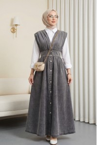 Boydan Düğmeli V Yaka Sıfır Kol Kot Jile  -Füme