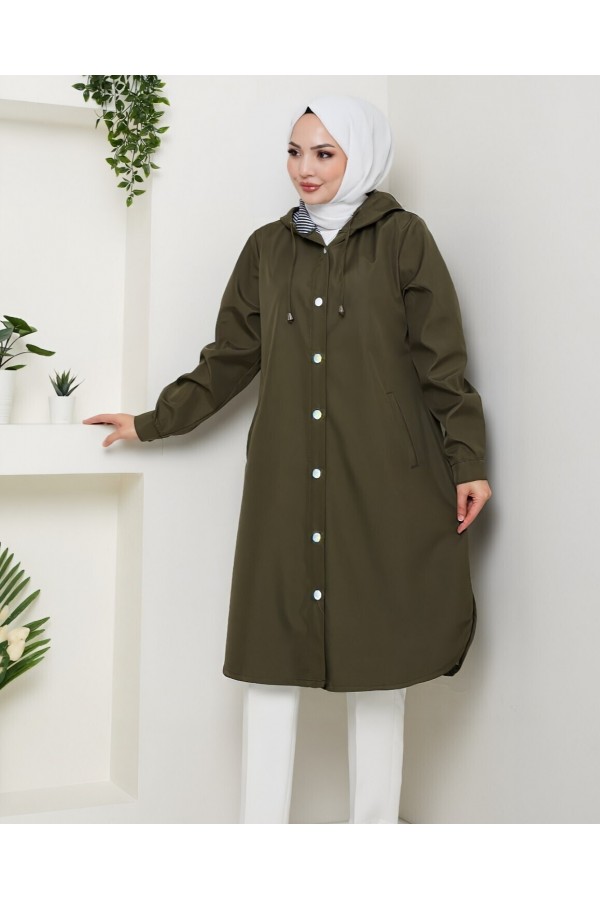 Hooded Trench Coat with Striped Lining and Side Pockets -Khaki