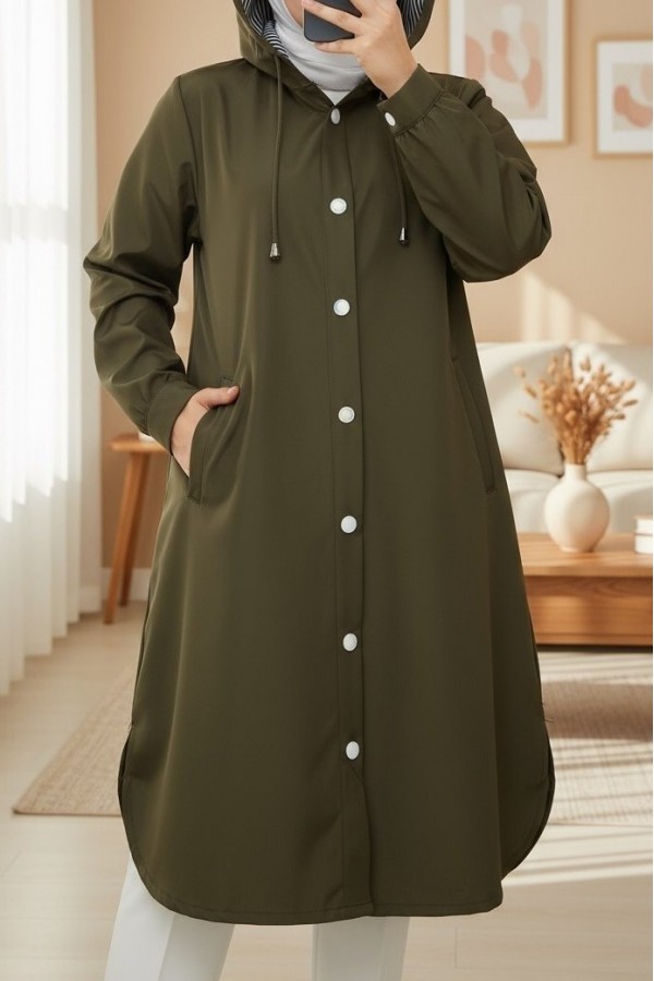 Hooded Trench Coat with Striped Lining and Side Pockets -Khaki