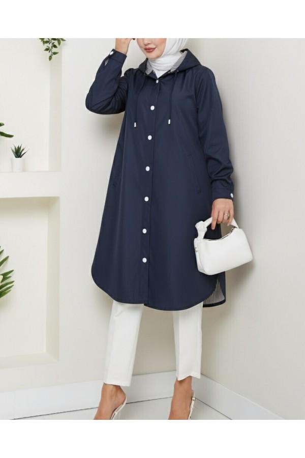 Hooded Trench Coat with Striped Lining and Side Pockets -Navy blue