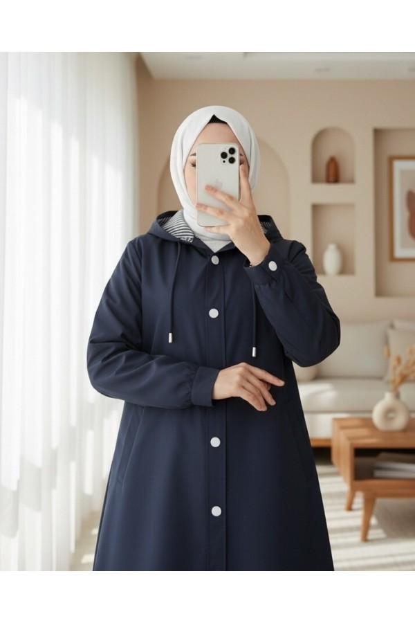 Hooded Trench Coat with Striped Lining and Side Pockets -Navy blue