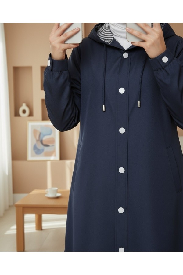 Hooded Trench Coat with Striped Lining and Side Pockets -Navy blue