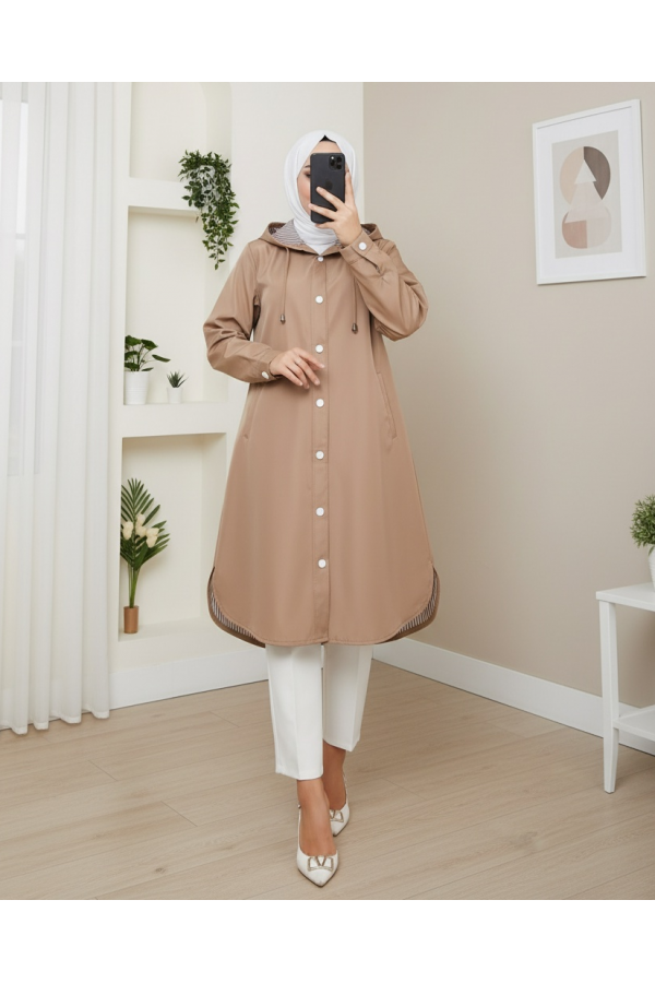 Hooded Trench Coat with Striped Lining and Side Pockets -Mink color