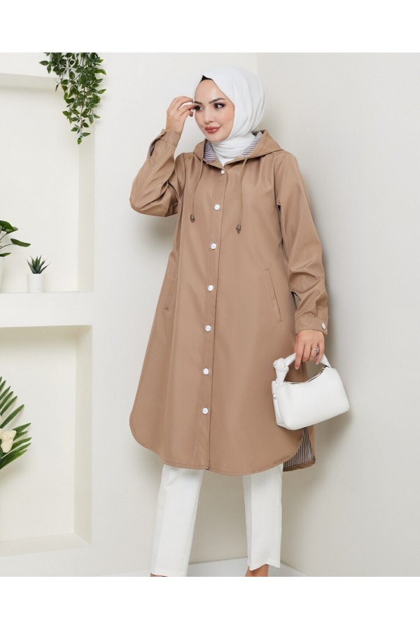 Hooded Trench Coat with Striped Lining and Side Pockets -Mink color