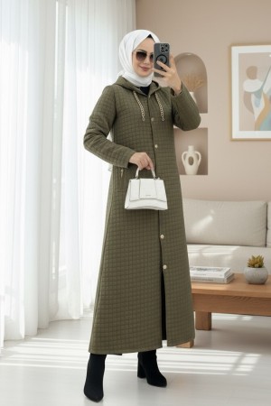 Long Quilted Coat with Chain Detail on Collar  -Khaki