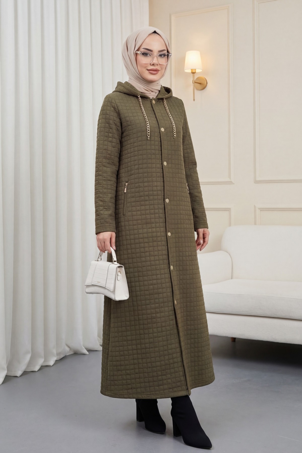 Long Quilted Coat with Chain Detail on Collar  -Khaki