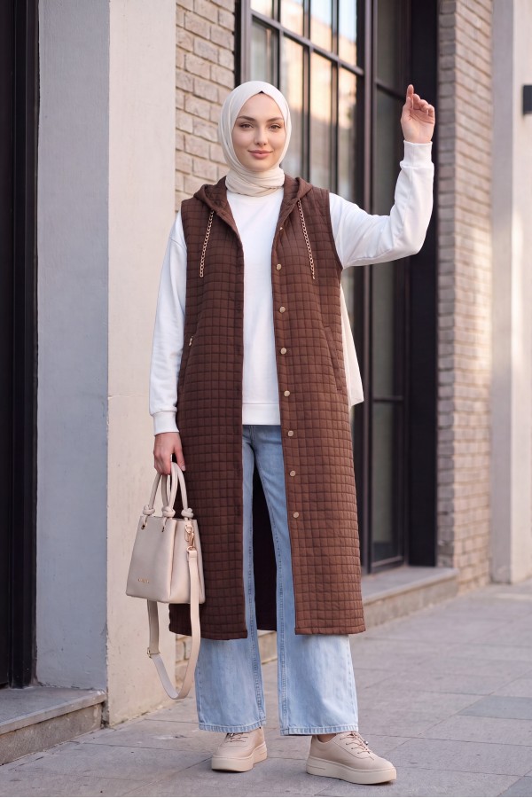 Quilted  Long Vest with Button-Down Hood and Pockets -Dark Coffee