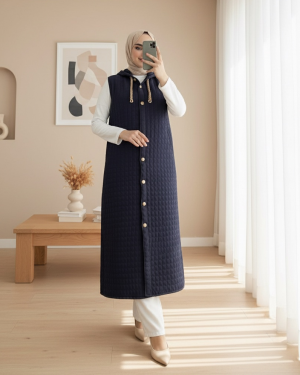 Quilted  Long Vest with Button-Down Hood and Pockets -Navy blue