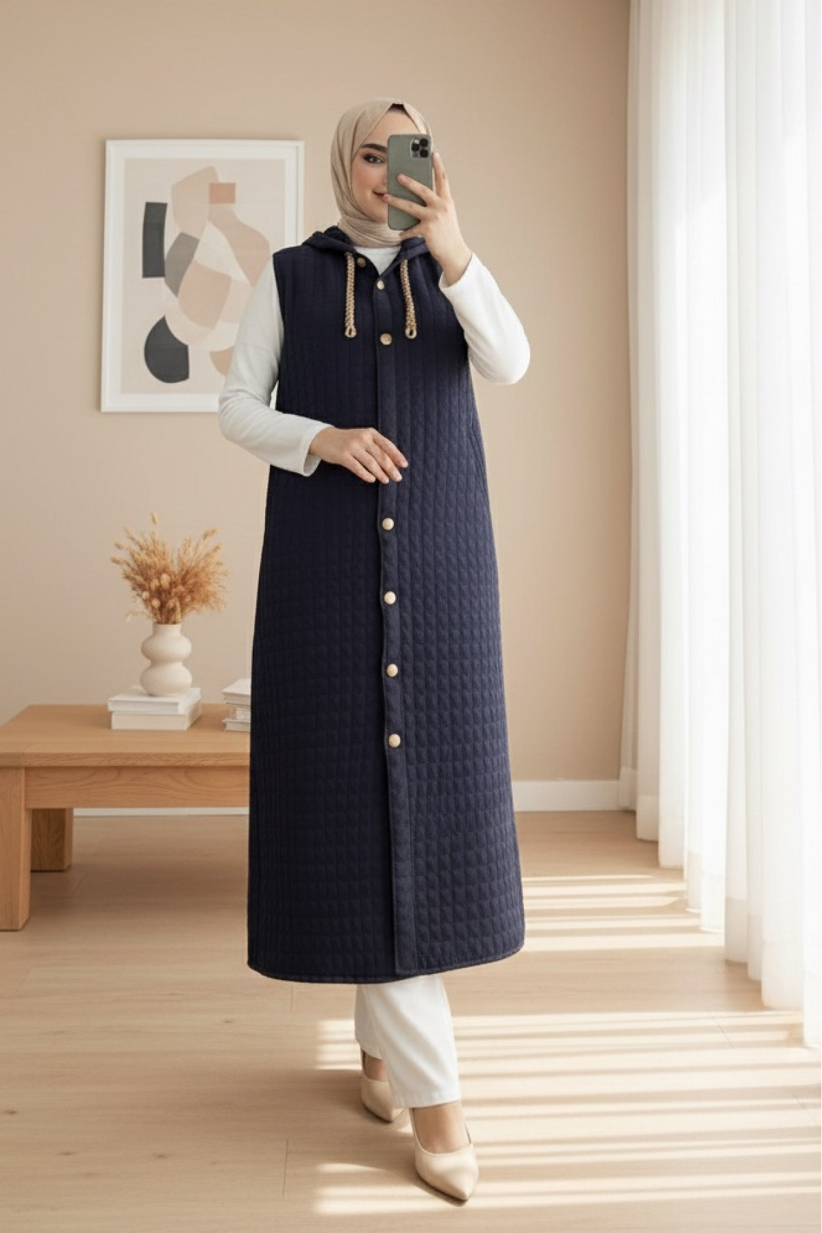 Quilted  Long Vest with Button-Down Hood and Pockets -Navy blue