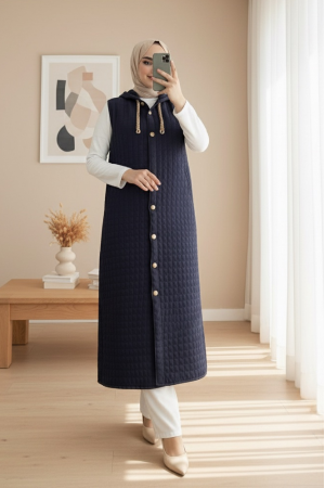 Boydan Düğmeli Kapşonlu Cepli Kapitone Uzun Yelek  -Laci