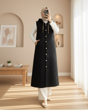Quilted  Long Vest with Button-Down Hood and Pockets -Black