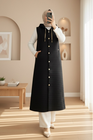 Boydan Düğmeli Kapşonlu Cepli Kapitone Uzun Yelek  -Siyah