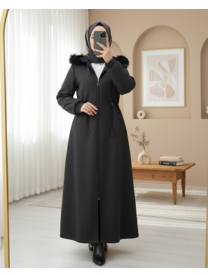 Kapşonlu Beli Lastikli Cepli Kaşe Kaban -Antrasit