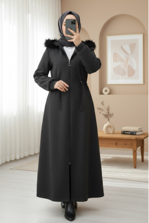 Kapşonlu Beli Lastikli Cepli Kaşe Kaban -Antrasit