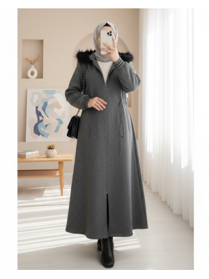 Kapşonlu Beli Lastikli Cepli Kaşe Kaban -Füme