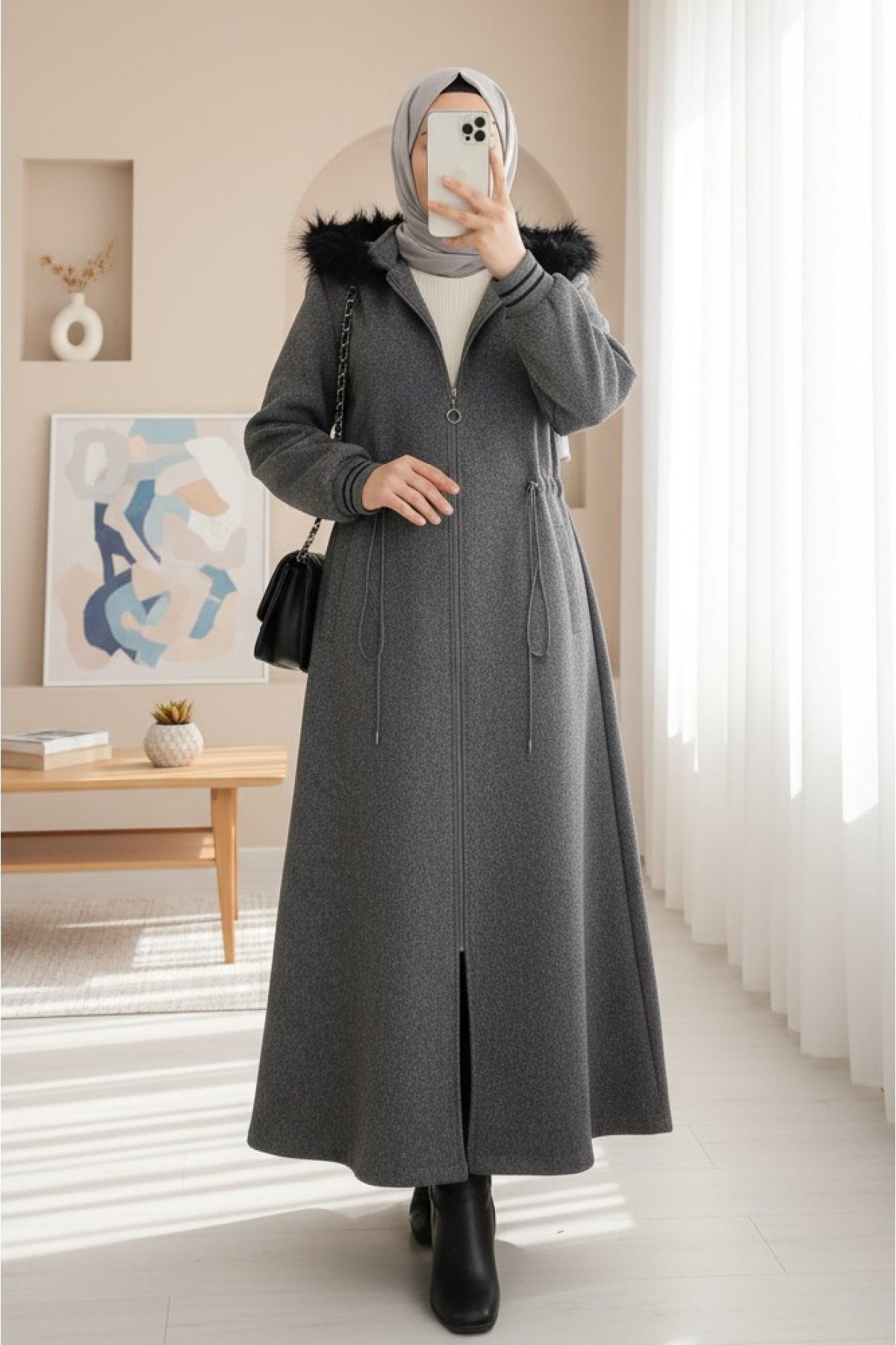 Hooded Elastic Waist Pocket Cashmere Coat -Smoked 