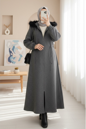 Kapşonlu Beli Lastikli Cepli Kaşe Kaban -Füme